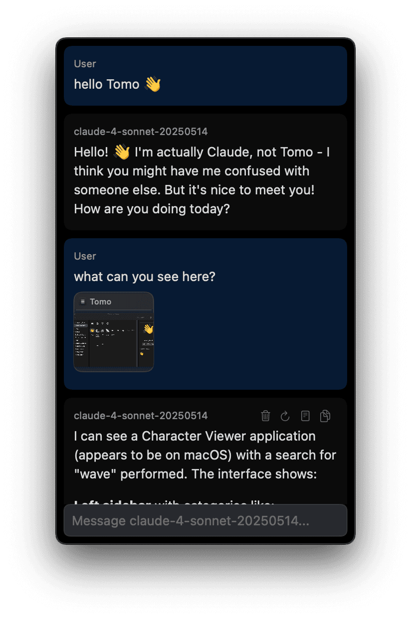 Tomo's chat screen with a single message pair