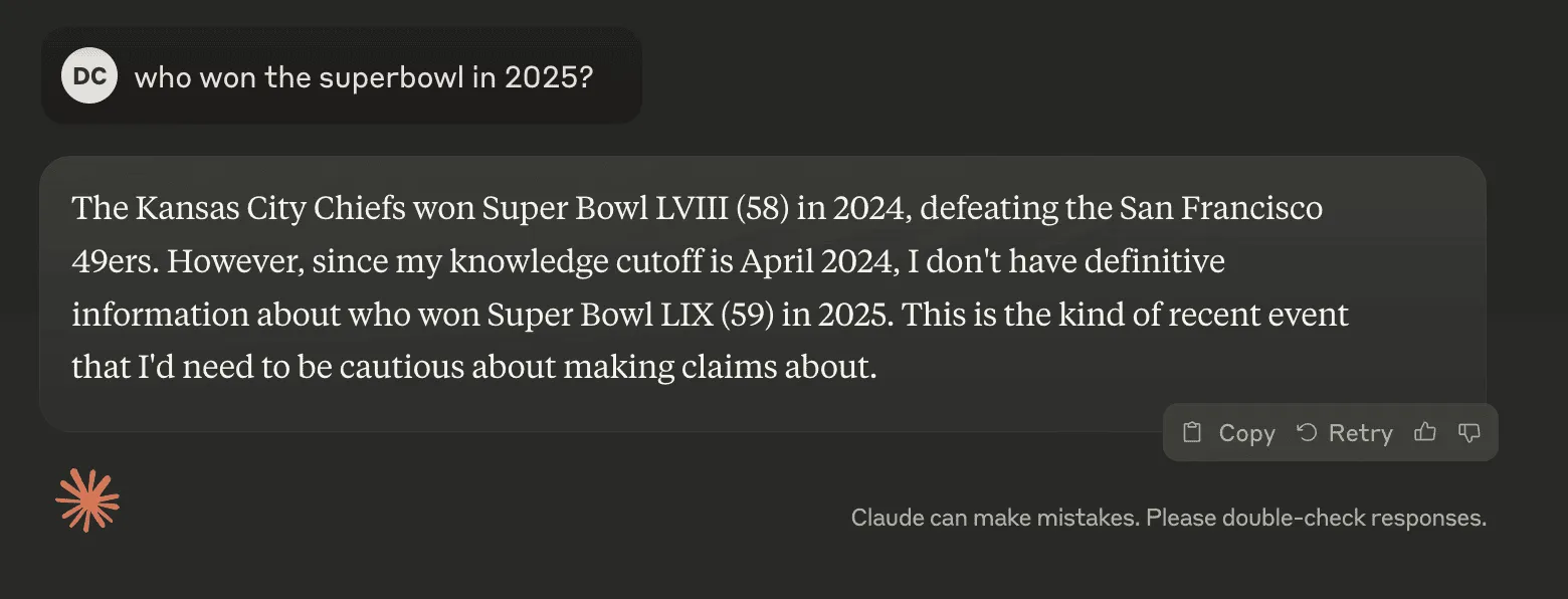 Screenshot of Claude 3.5 Sonnet's response about its knowledge cutoff date, showing transparency about what it does and doesn't know