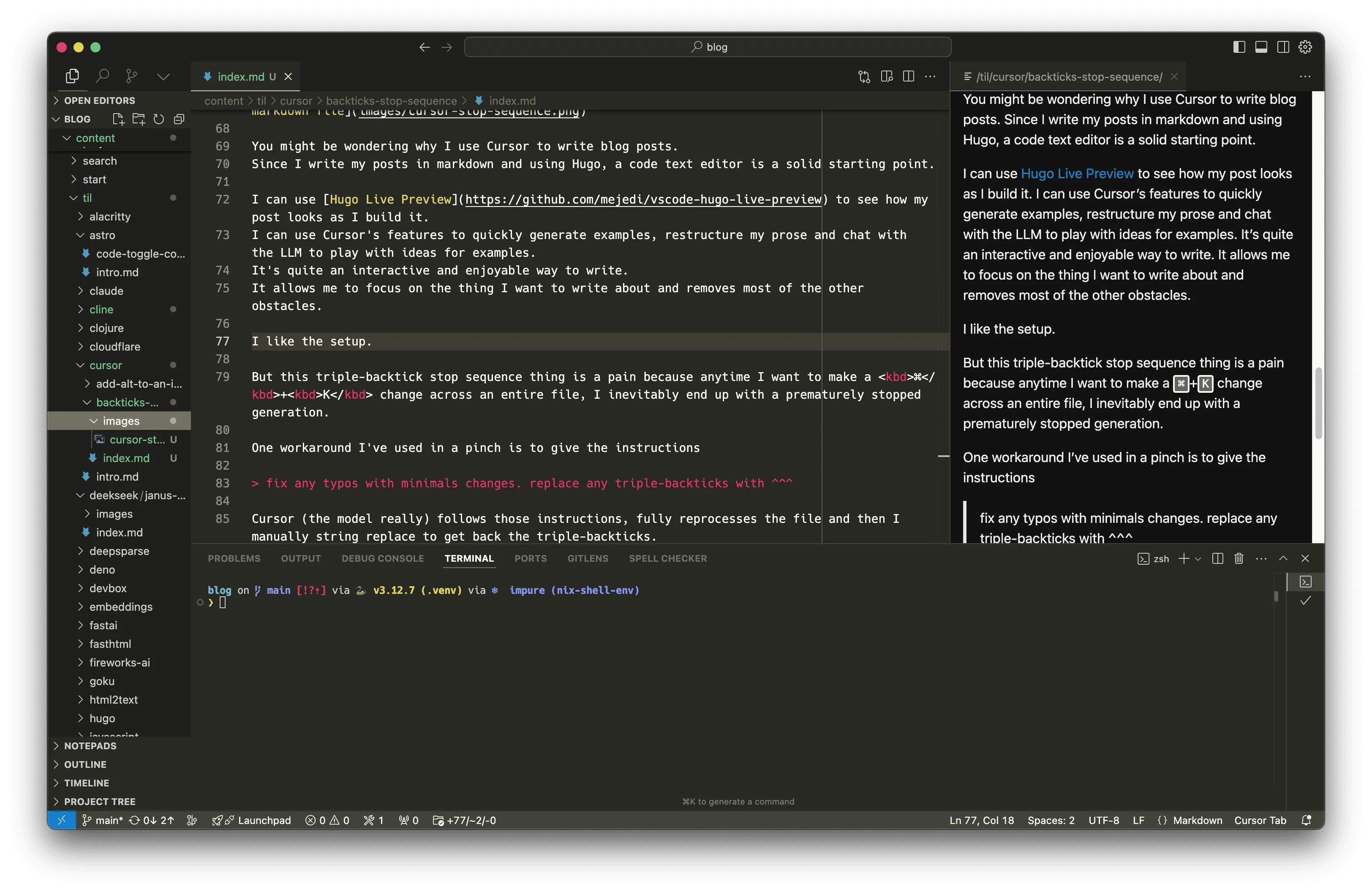 Screenshot showing Cursor's editor interface with Hugo Live Preview panel open, demonstrating the integrated development environment for writing blog posts