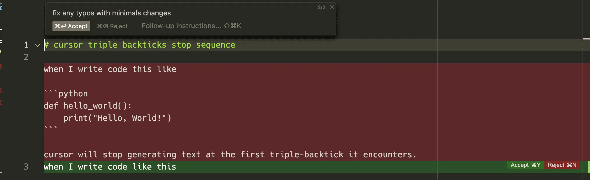 Screenshot showing Cursor's chat interface stopping generation at a triple backtick in a markdown file