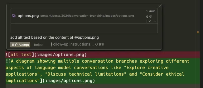 A screenshot showing Cursor's generated alt text for an image. The alt text describes a diagram with multiple conversation branches and discusses caching approaches in Python applications