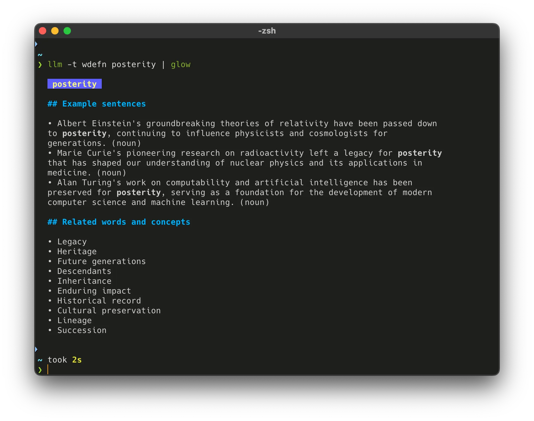 Output of the 'llm -t wdefn posterity' command displayed using glow, showing a markdown-formatted definition and usage examples for the word 'posterity'