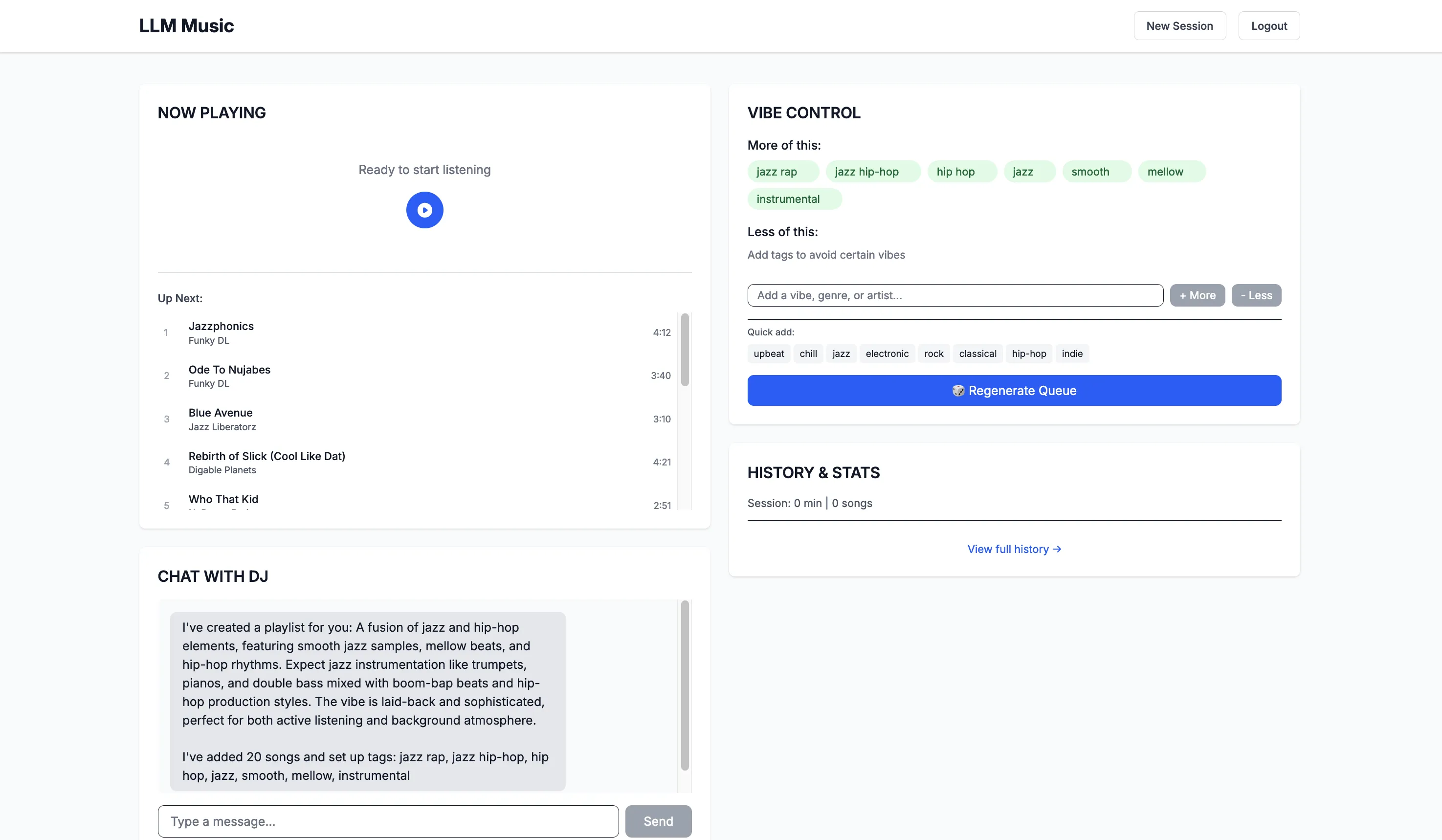 Screenshot of the LLM-powered music recommendation app interface showing a playlist and chat functionality