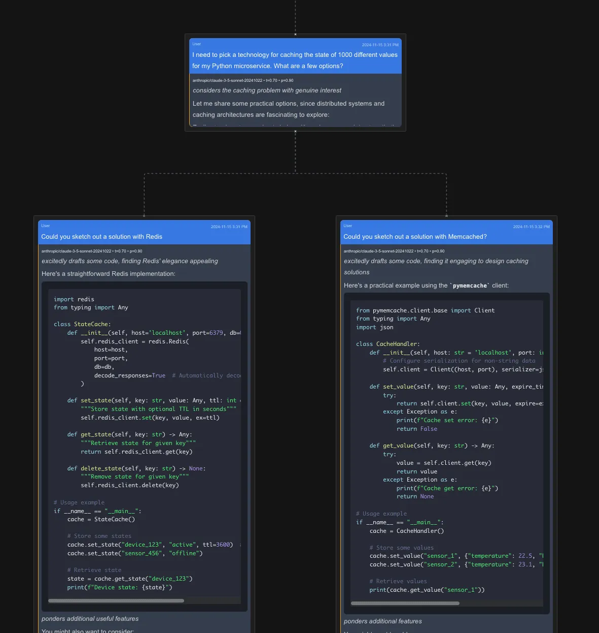 A diagram showing multiple conversation branches exploring different approaches to adding caching to a Python application"