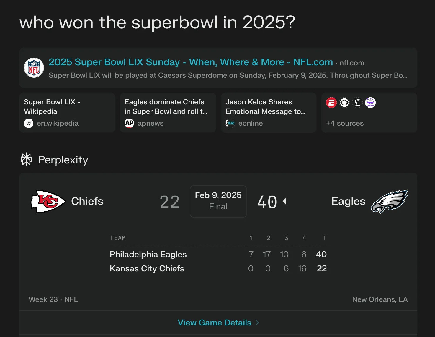 Screenshot of Perplexity's search results, showing the additional context gathered from internet search