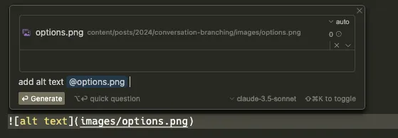 A screenshot showing a prompt to Cursor asking it to generate alt text for an image