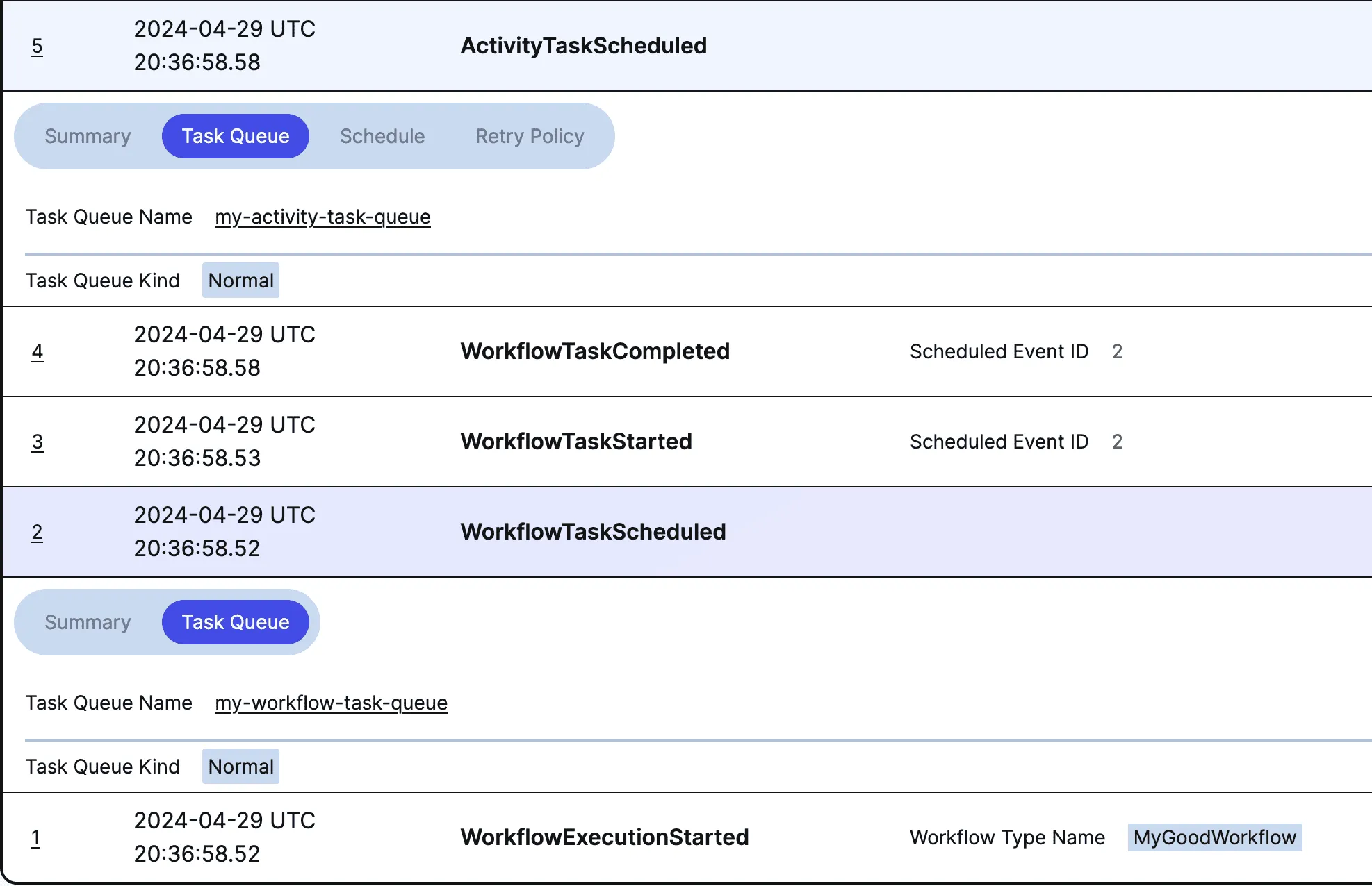 Temporal UI showing different task queue names