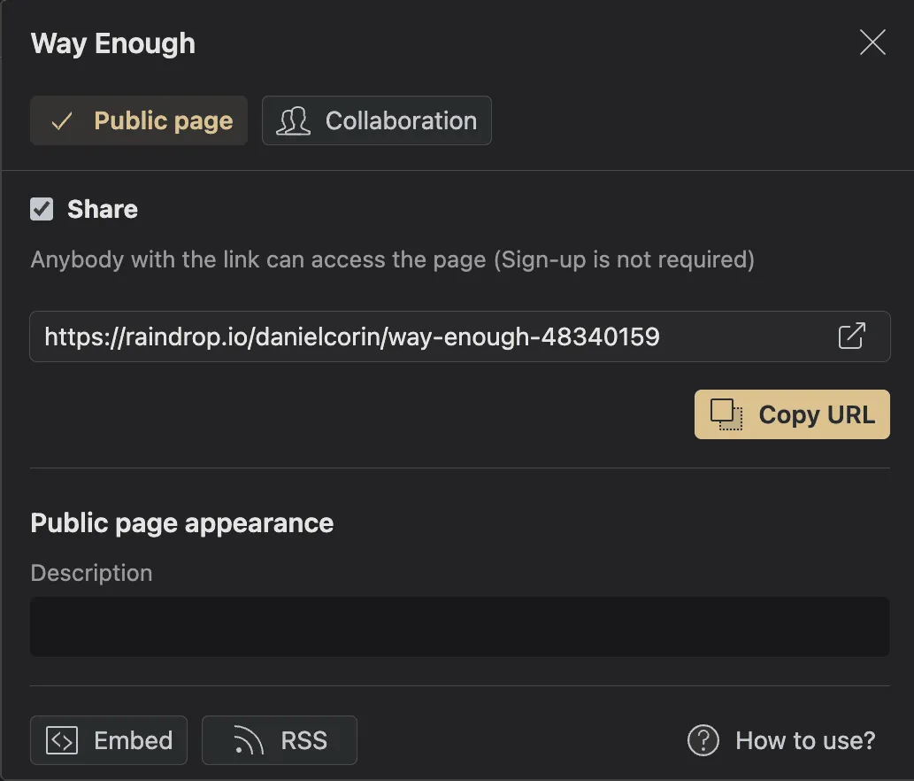 Screenshot of Raindrop.io interface showing how to share a feed