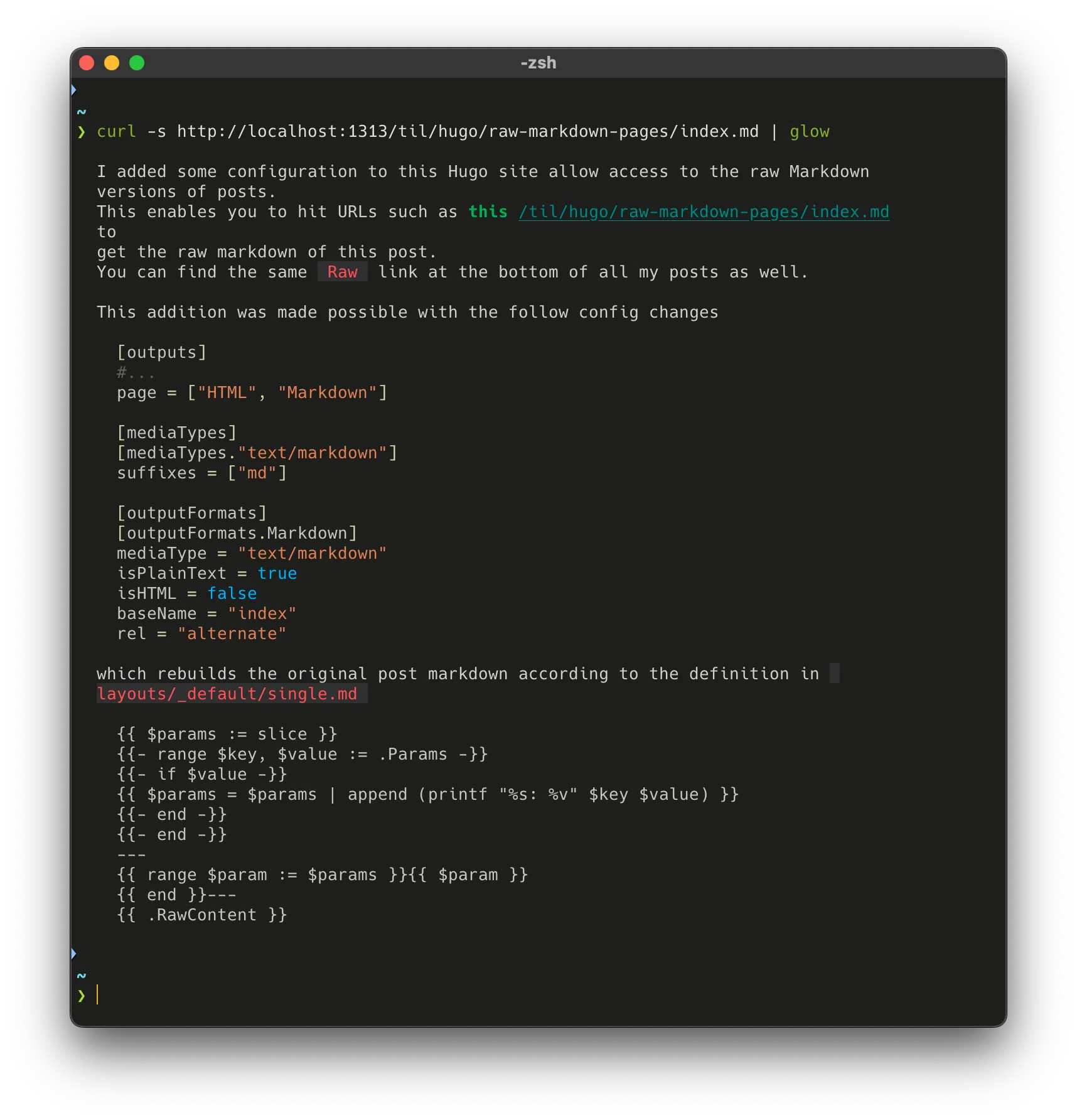 image of this page loaded in a terminal via a curl to http://localhost:1313/til/hugo/raw-markdown-pages/index.md
